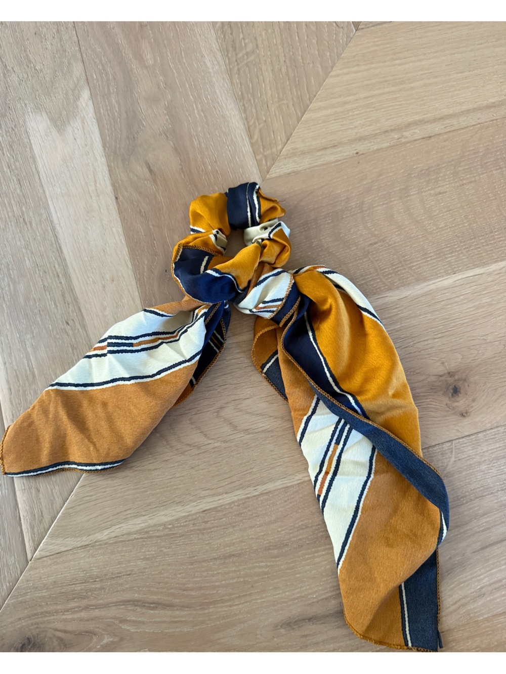 Striped Mustard and Navy Square Scarf with Matching Scrunchie